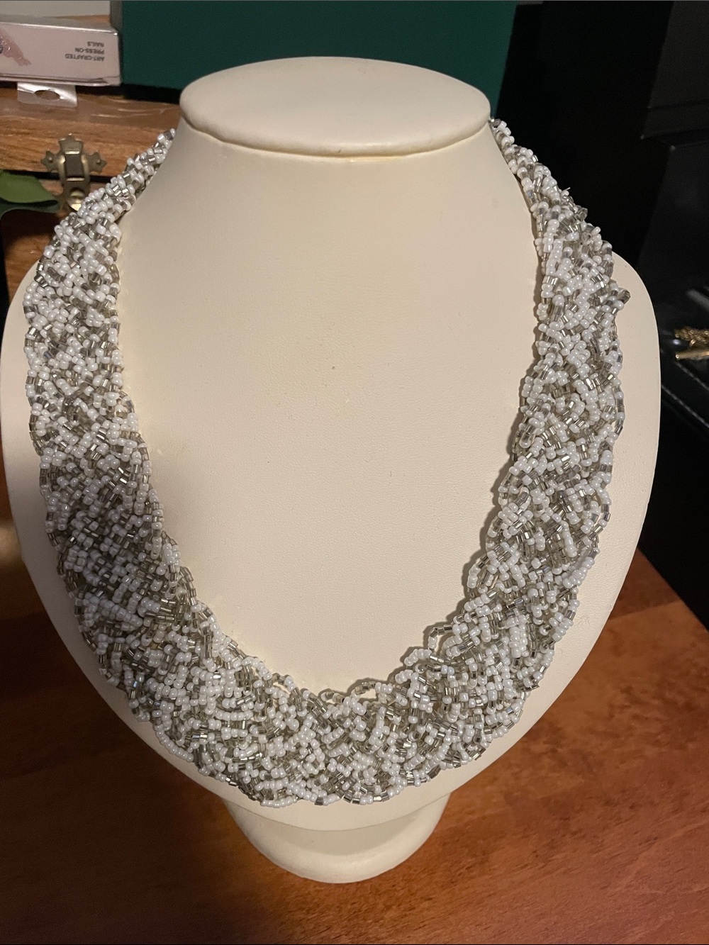 Silver & white Beaded Braided Statement Necklace